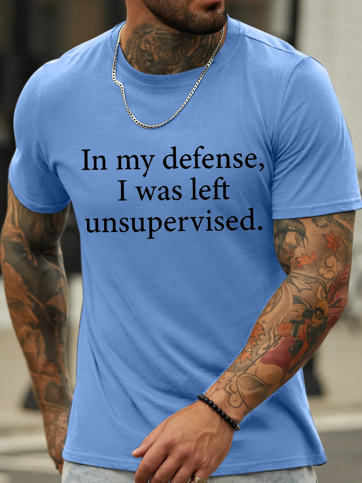 Men's In My Defense I Was Left Unsupervised Funny Graphic Print Cotton Text Letters Casual T-Shirt