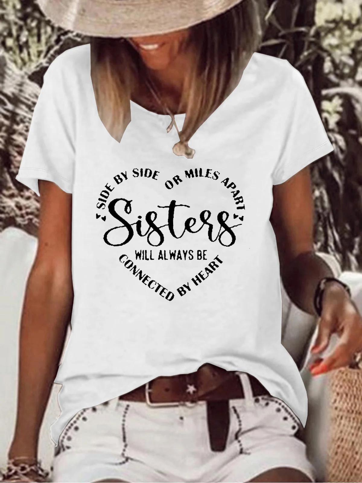 Women's Sisters Will Always Be Connected By Heart T-shirt | lilicloth