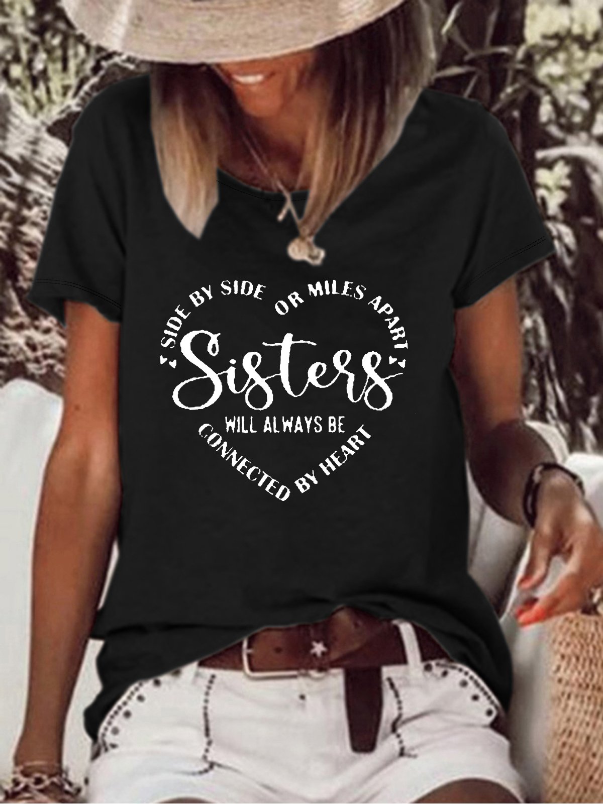 Women's Sisters Will Always Be Connected By Heart T-shirt | lilicloth