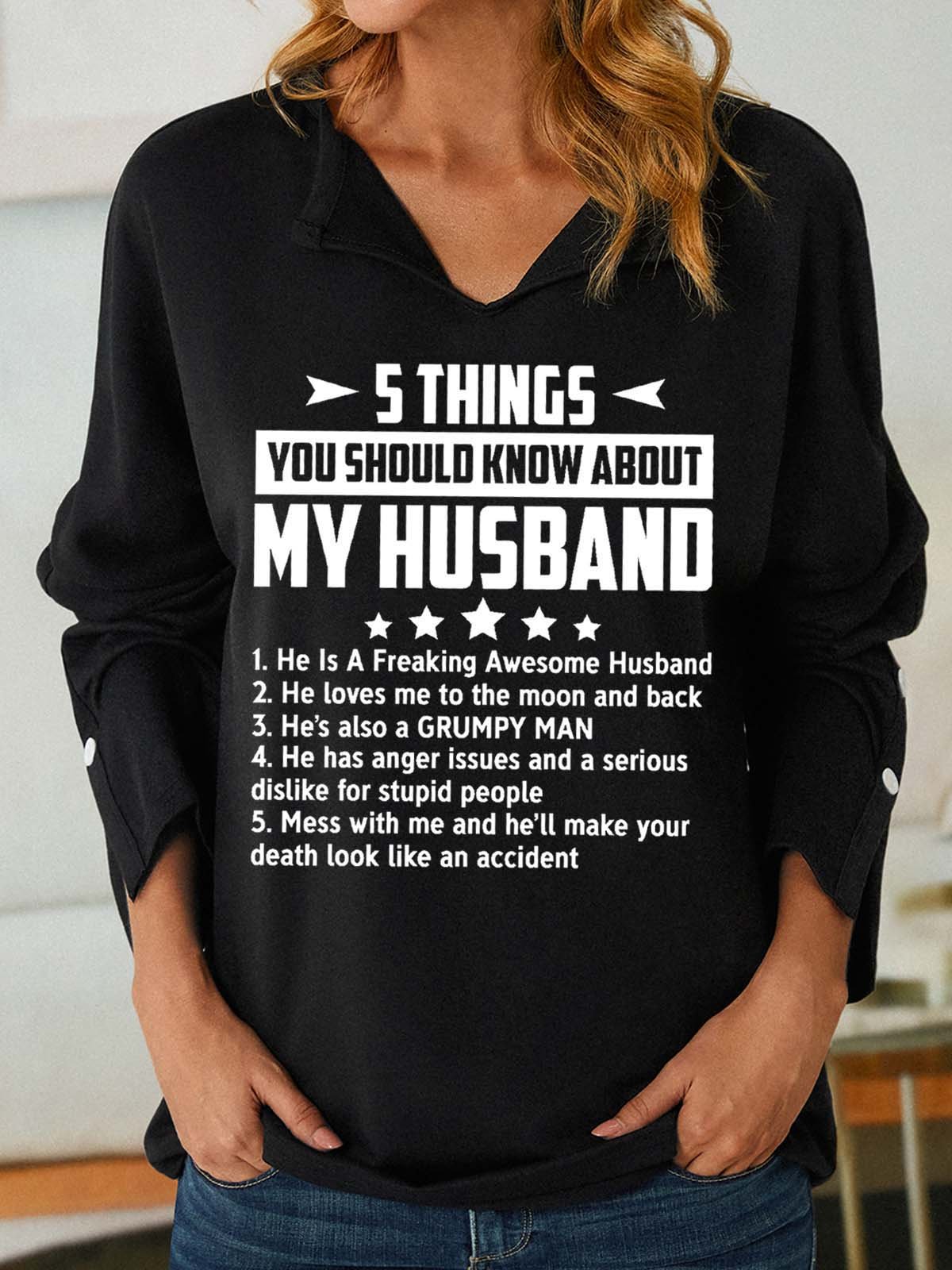 Women Funny 5 Things You Should Know About My Wife V Neck Simple Text Letters Sweatshirt