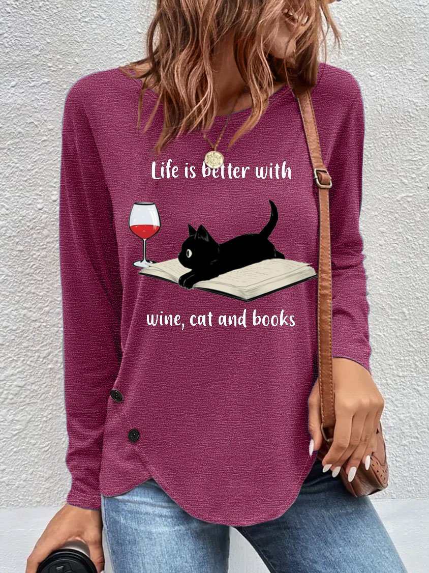 Women's Life Is Better With Wine Cat And Books Casual Crew Neck Top