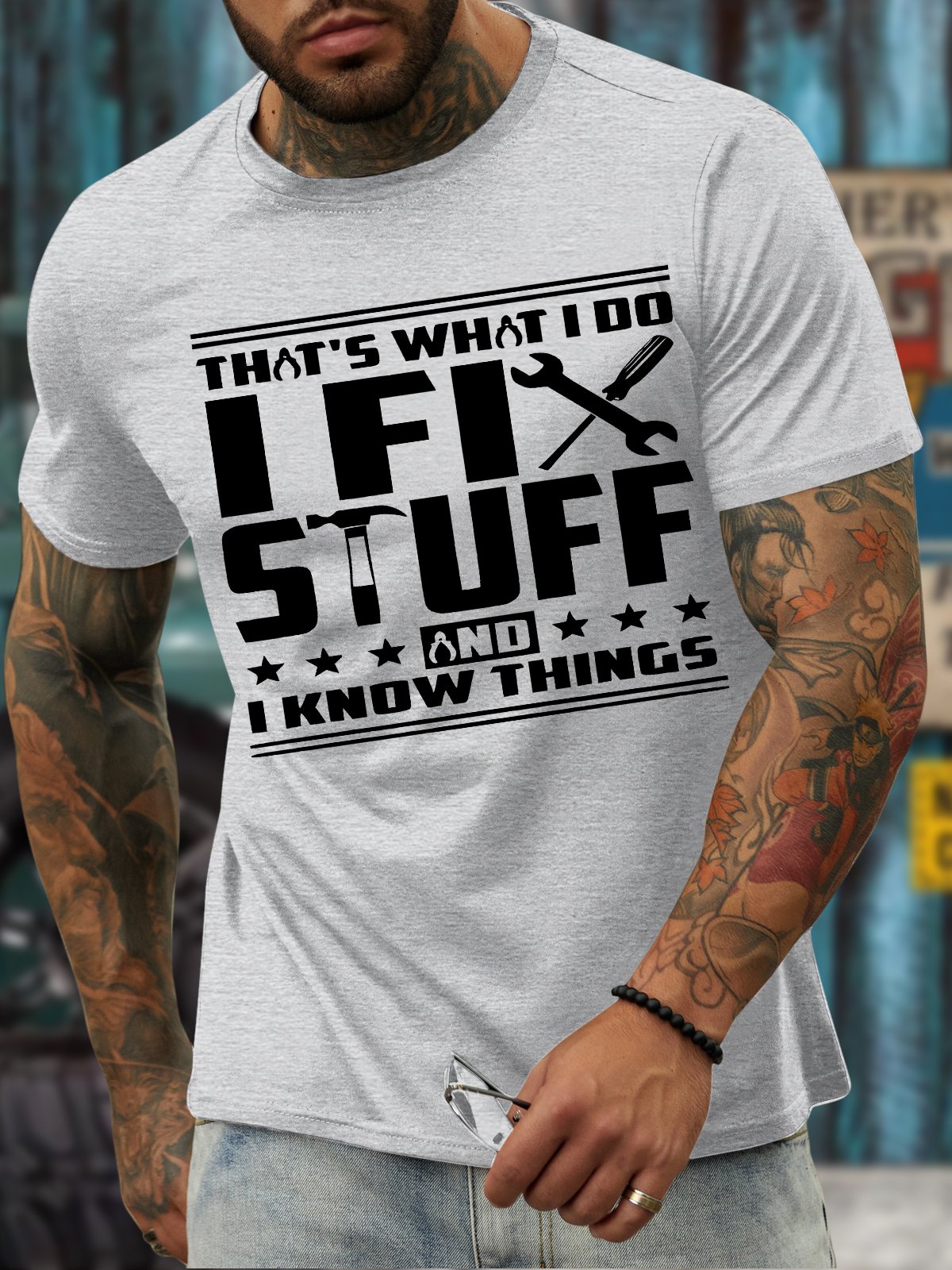 Men's That's What I Do I Fix Stuff And I Know Things Funny Graphic Print Casual Text Letters Loose Cotton T-Shirt