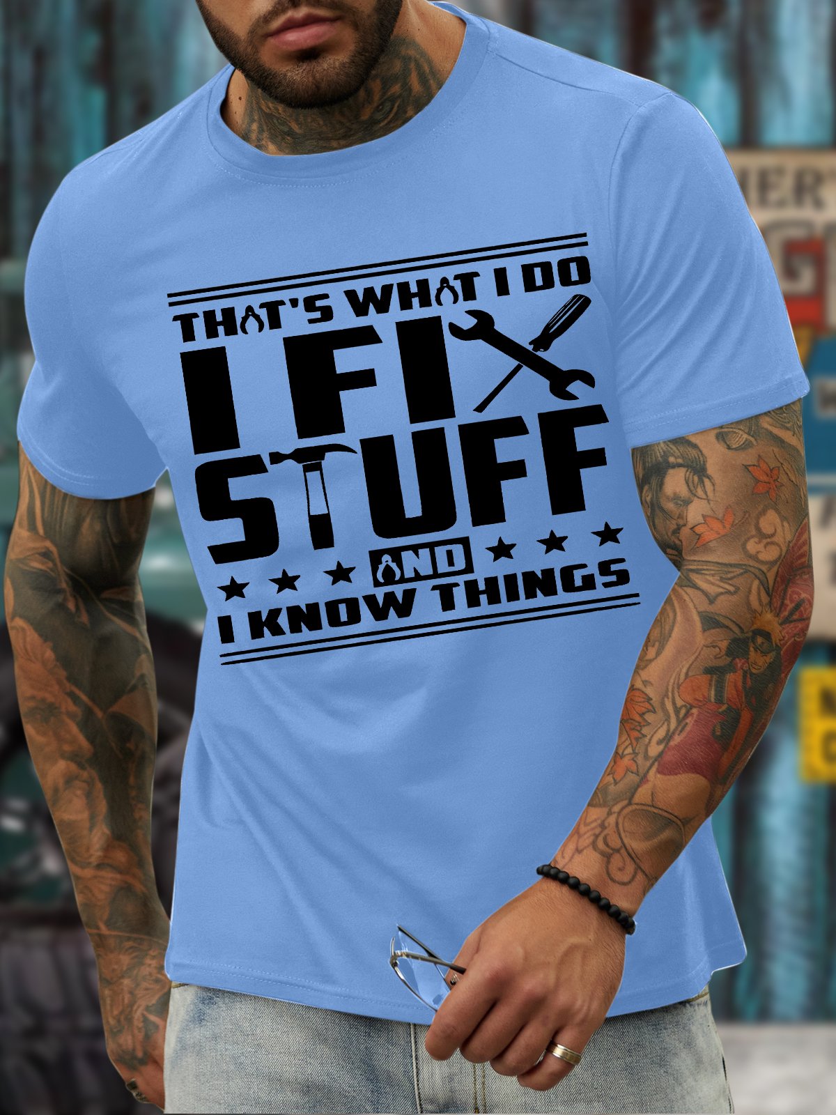 Men's That's What I Do I Fix Stuff And I Know Things Funny Graphic Print Casual Text Letters Loose Cotton T-Shirt