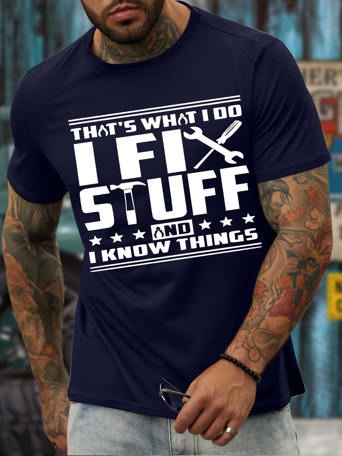 Men's That's What I Do I Fix Stuff And I Know Things Funny Graphic Print Casual Text Letters Loose Cotton T-Shirt