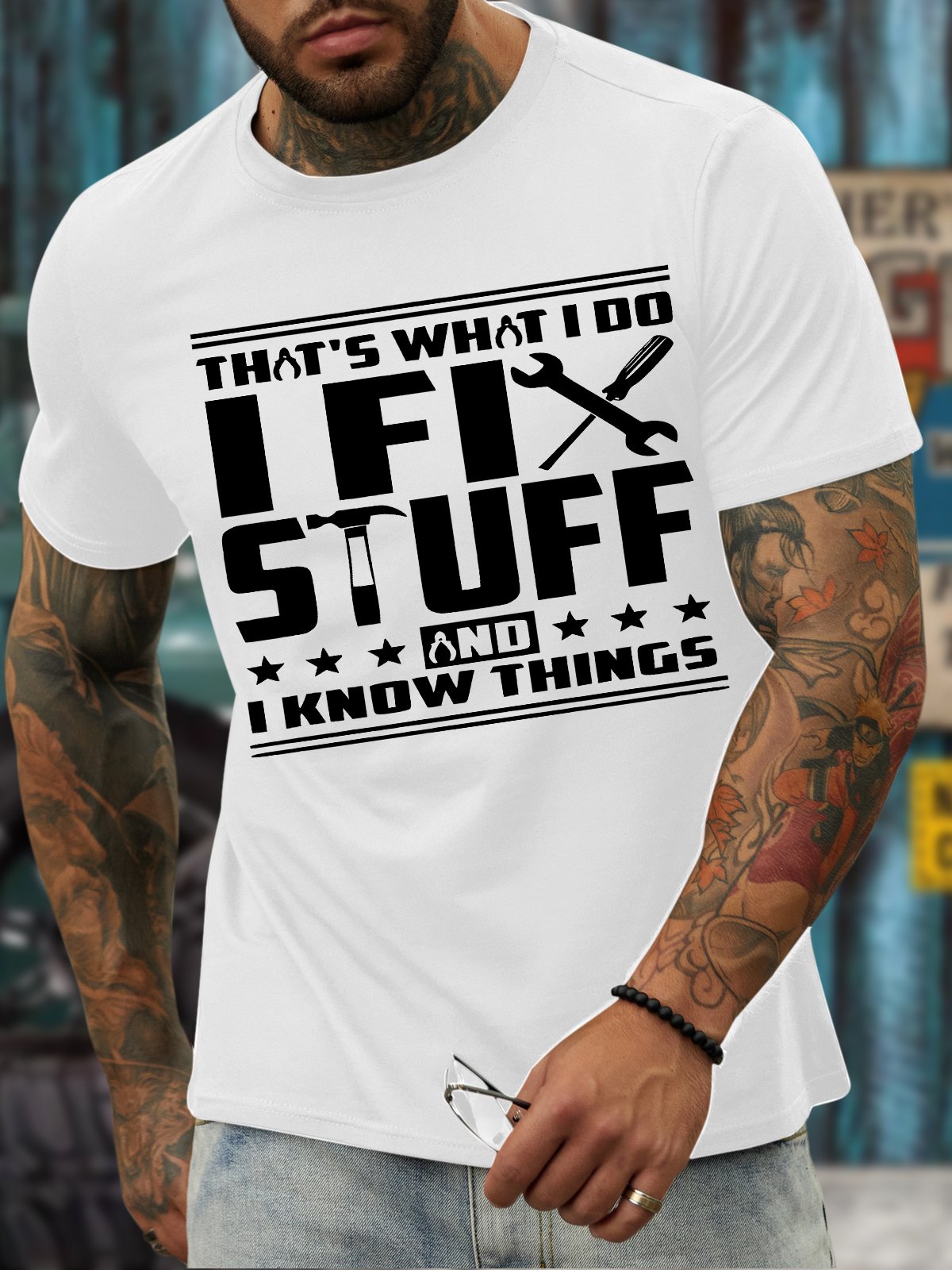 Men's That's What I Do I Fix Stuff And I Know Things Funny Graphic Print Casual Text Letters Loose Cotton T-Shirt