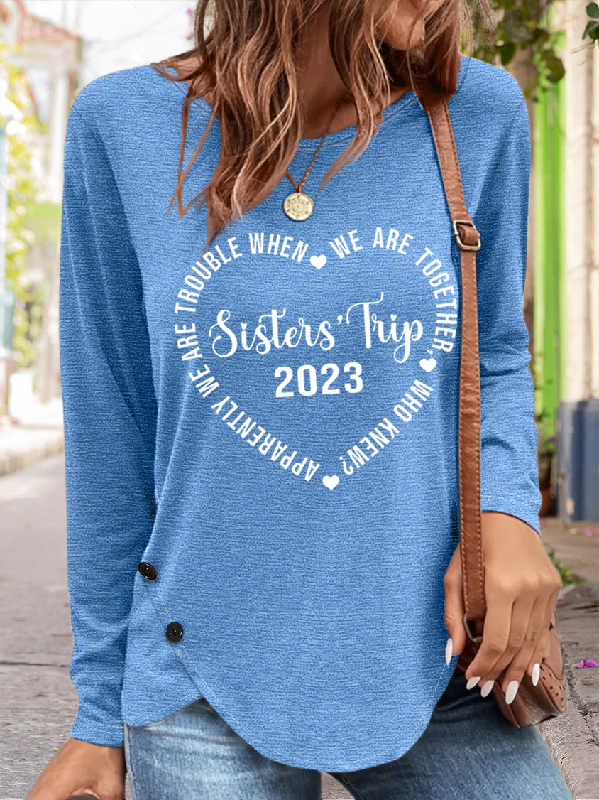 Women's Sister Trip Heart Simple Text Letters Long Sleeve Top