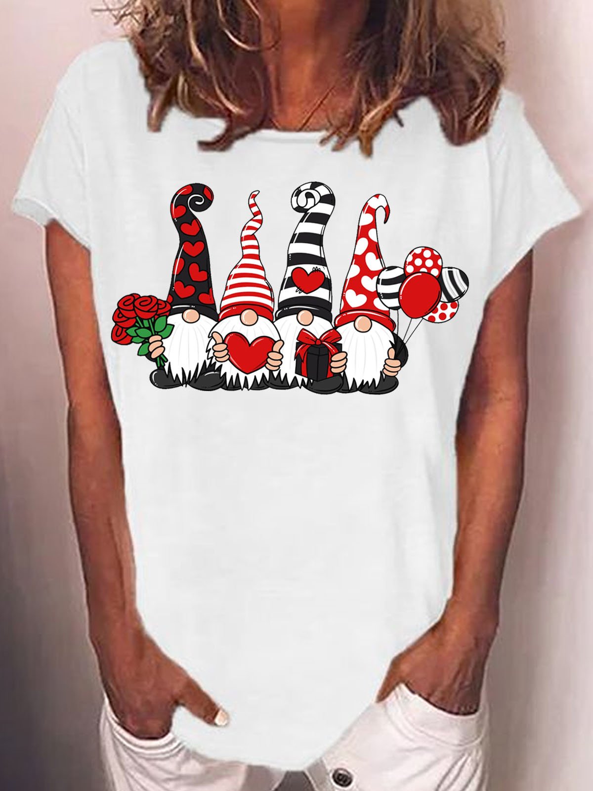 Women's Valentine Gnomes Crew Neck Casual Letters T-Shirt