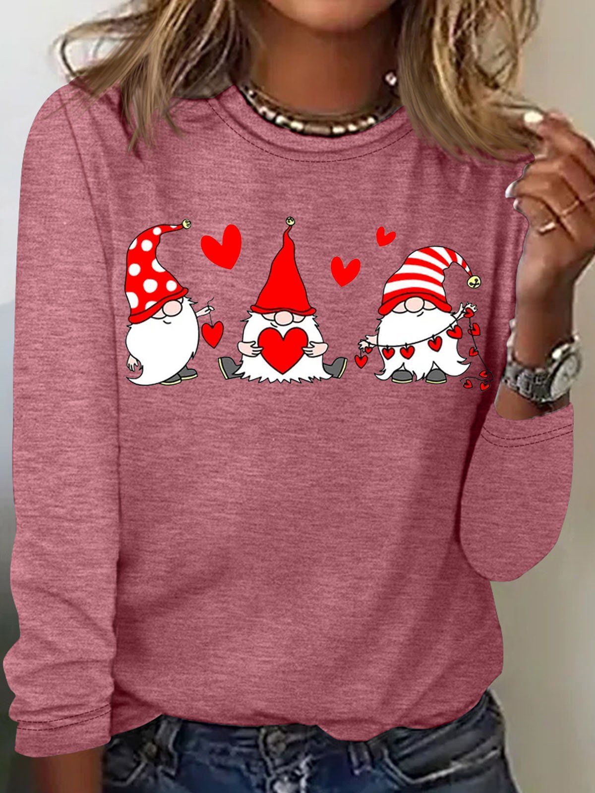 Women's Valentine Gnomes Hearts Crew Neck Casual Top