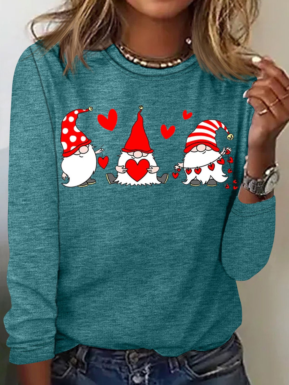 Women's Valentine Gnomes Hearts Crew Neck Casual Top