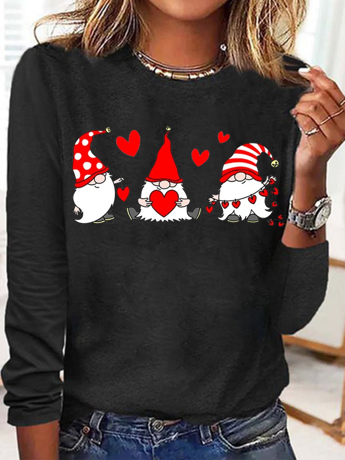 Women's Valentine Gnomes Hearts Crew Neck Casual Top