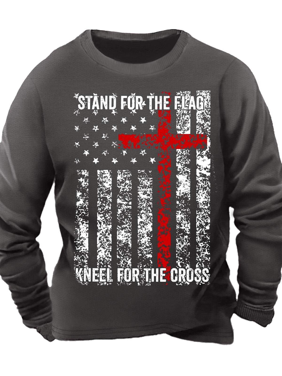 Men’s Stand For The Flag Kneel For The Cross Text Letters Crew Neck Casual Regular Fit Sweatshirt