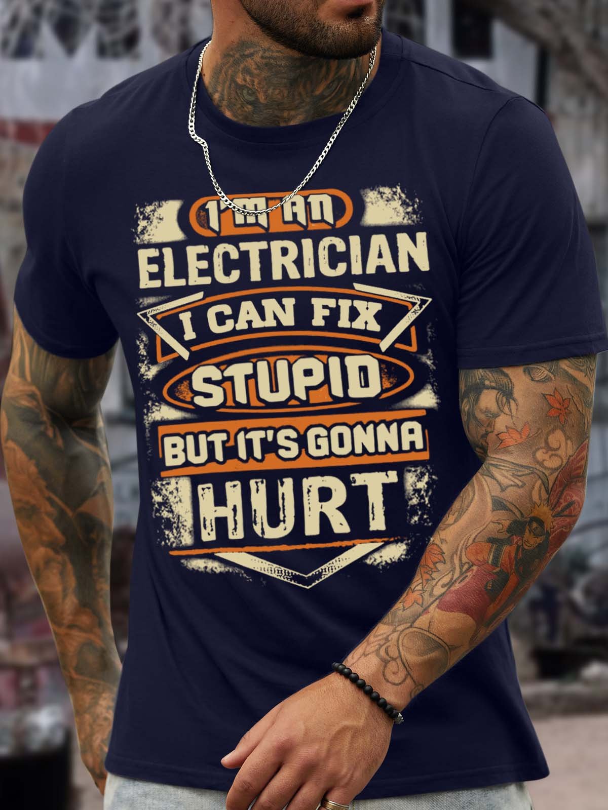 Men’s I’m An Electrician I Can Fix Stupid But It’s Gonna Hurt Text Letters Casual Regular Fit Crew Neck T-Shirt