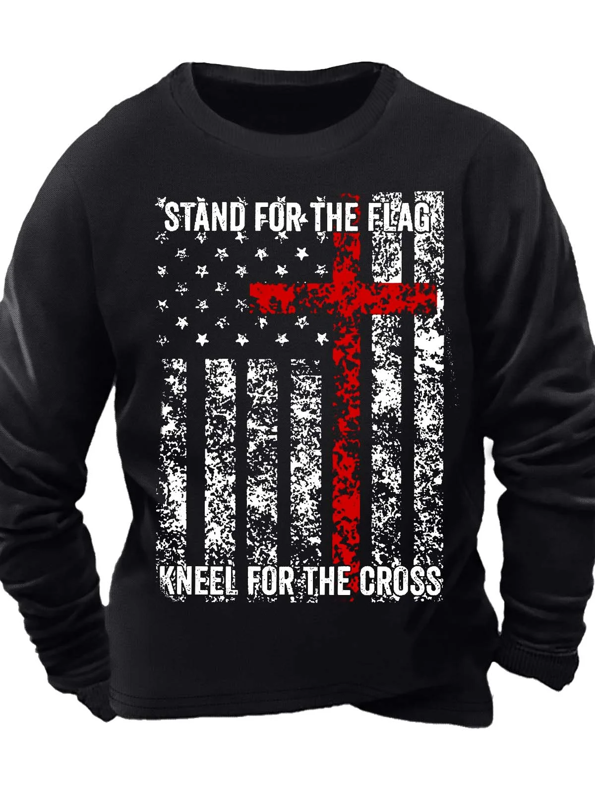 Men’s Stand For The Flag Kneel For The Cross Text Letters Crew Neck Casual Regular Fit Sweatshirt