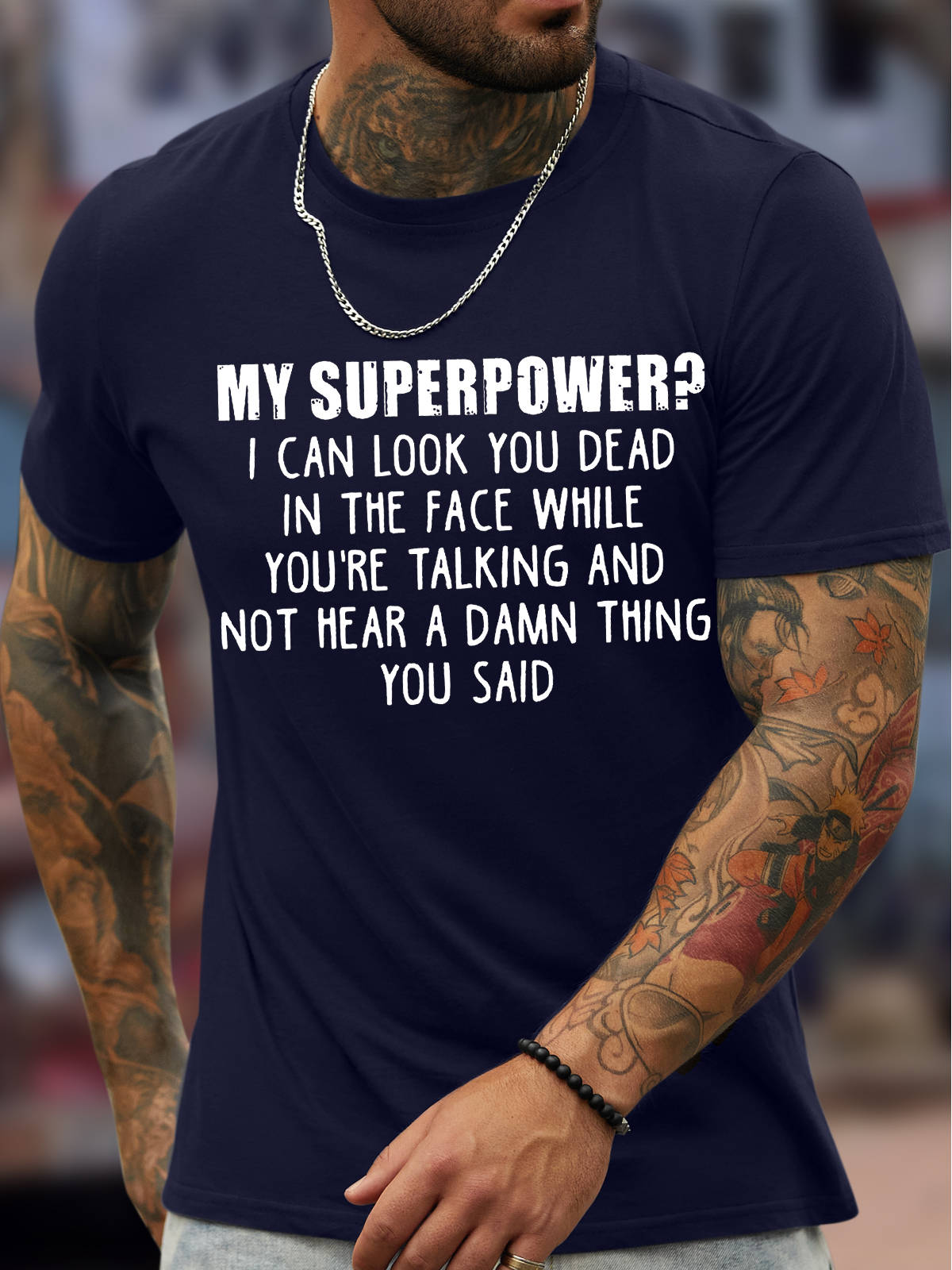 Men's My Superpower I Can Look You Dead In The Face While You're Talking And Not Hear A Damn Thing You Said Funny Graphic Print Casual Text Letters Cotton Loose T-Shirt