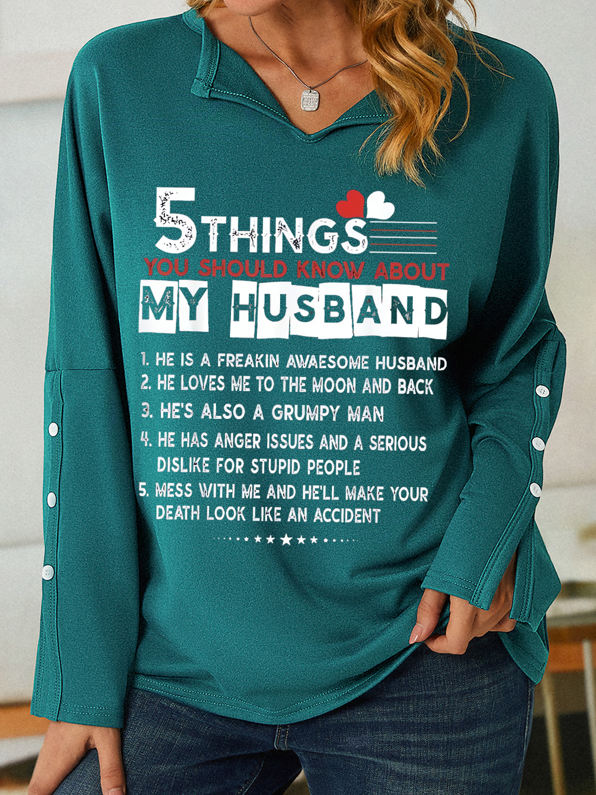 Women's Funny 5 things you should know about my Husband V Neck Simple Loose Sweatshirt