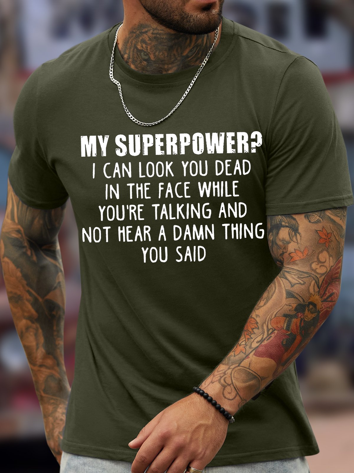 Men's My Superpower I Can Look You Dead In The Face While You're Talking And Not Hear A Damn Thing You Said Funny Graphic Print Casual Text Letters Cotton Loose T-Shirt