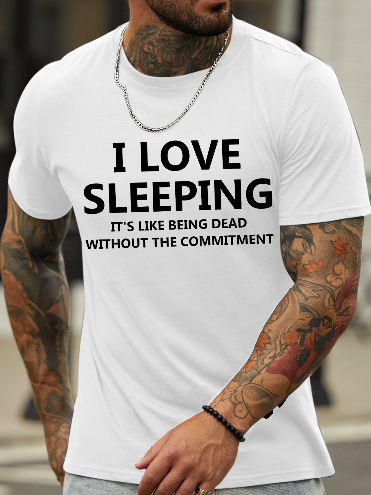 Men's I Love Sleeping It Is Like Being Dead Without The Commitment Funny Graphic Print Cotton Casual Text Letters T-Shirt