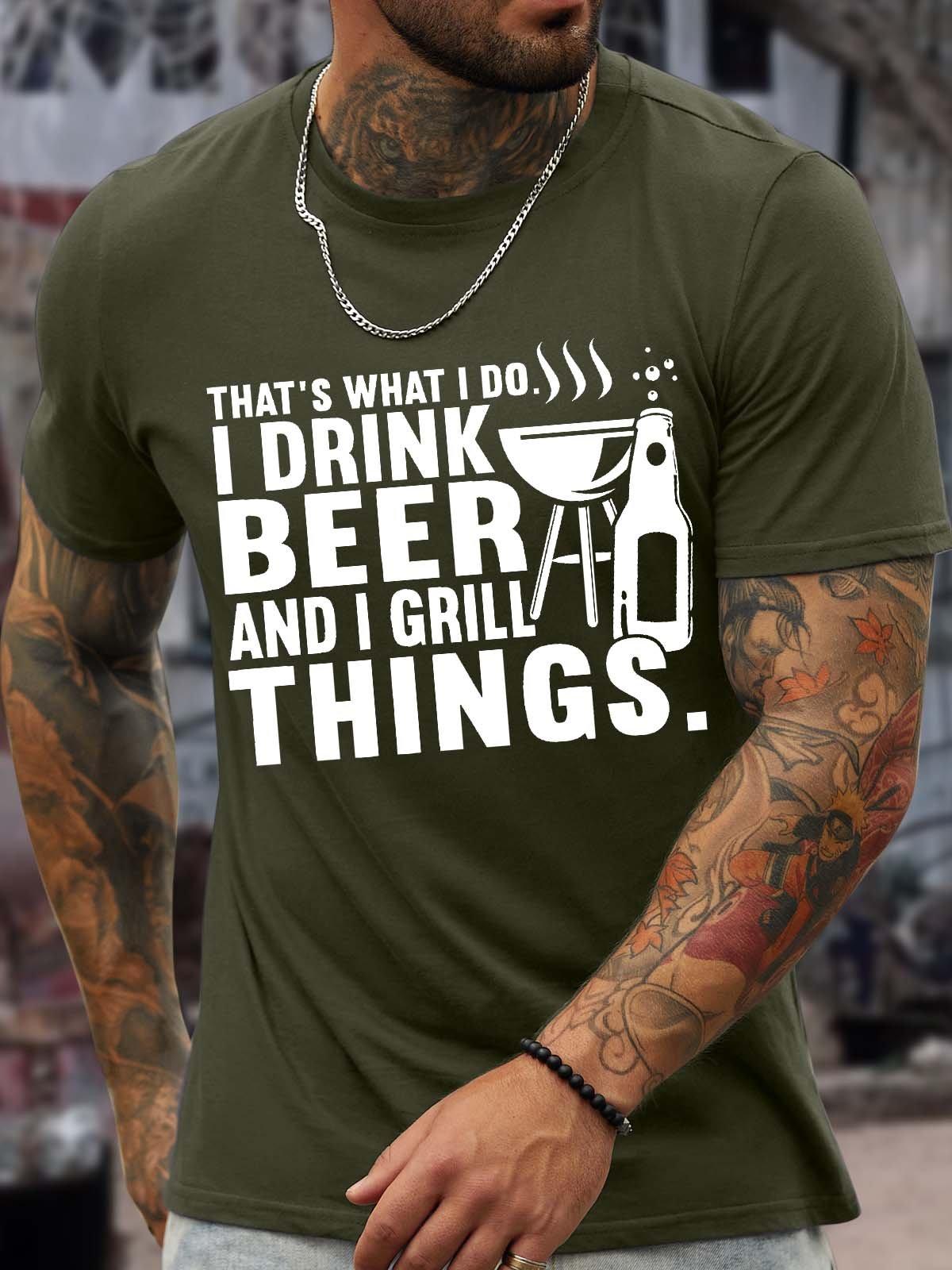 Men’s That’s What I Do I Drink Beer And I Grill Things Casual Text Letters T-Shirt