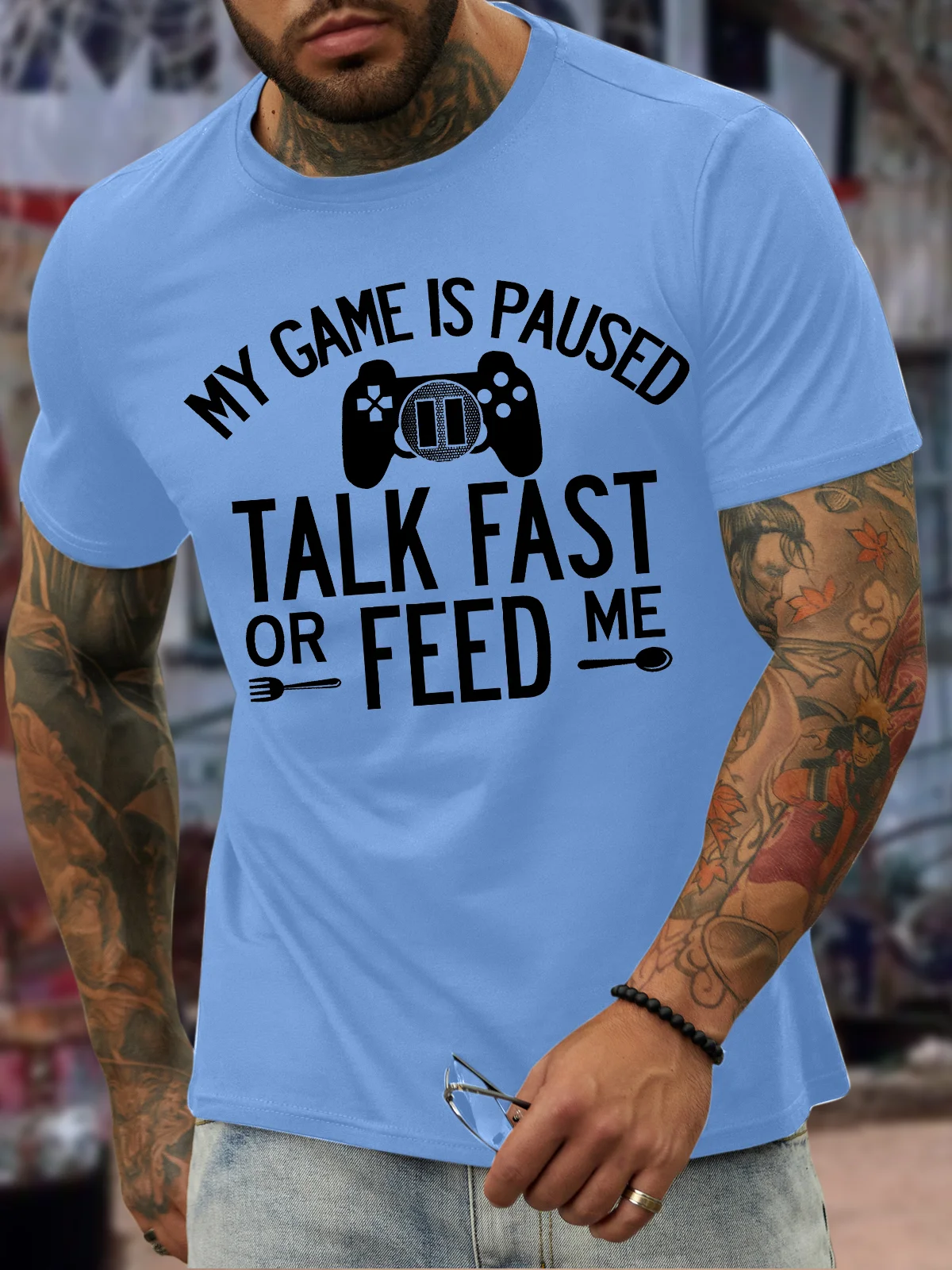 Men's My Game Is Paused Talk Fast Or Feed Me Funny Graphic Print Casual Text Letters Cotton T-Shirt