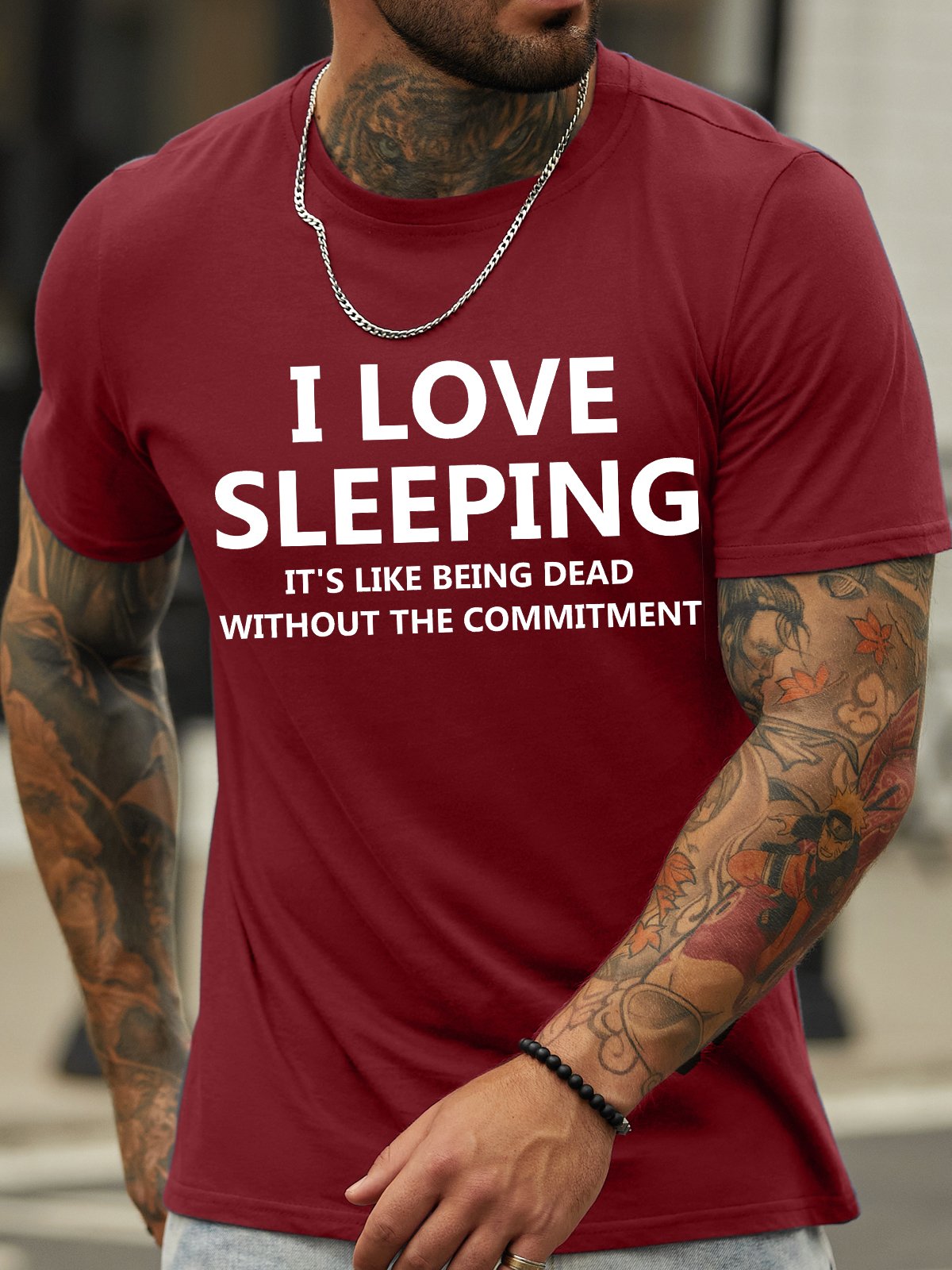 Men's I Love Sleeping It Is Like Being Dead Without The Commitment Funny Graphic Print Cotton Casual Text Letters T-Shirt