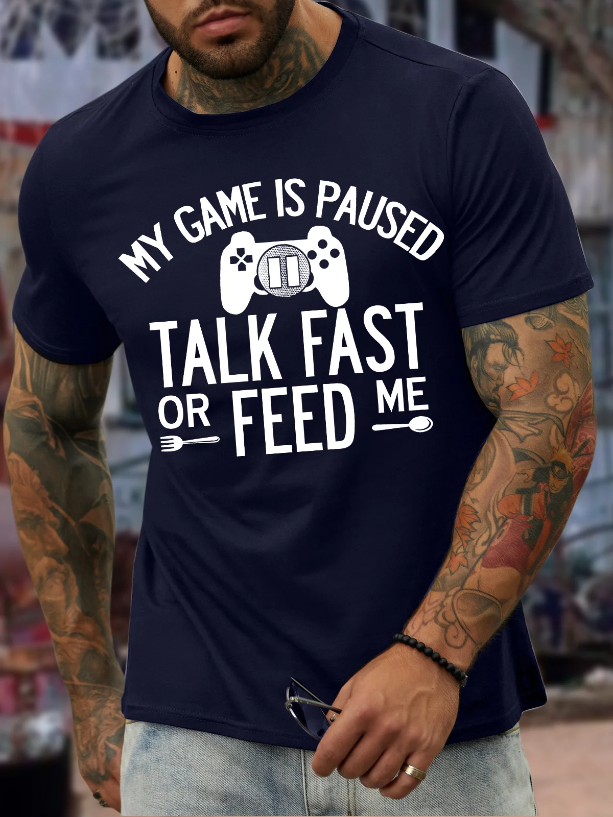 Men's My Game Is Paused Talk Fast Or Feed Me Funny Graphic Print Casual Text Letters Cotton T-Shirt