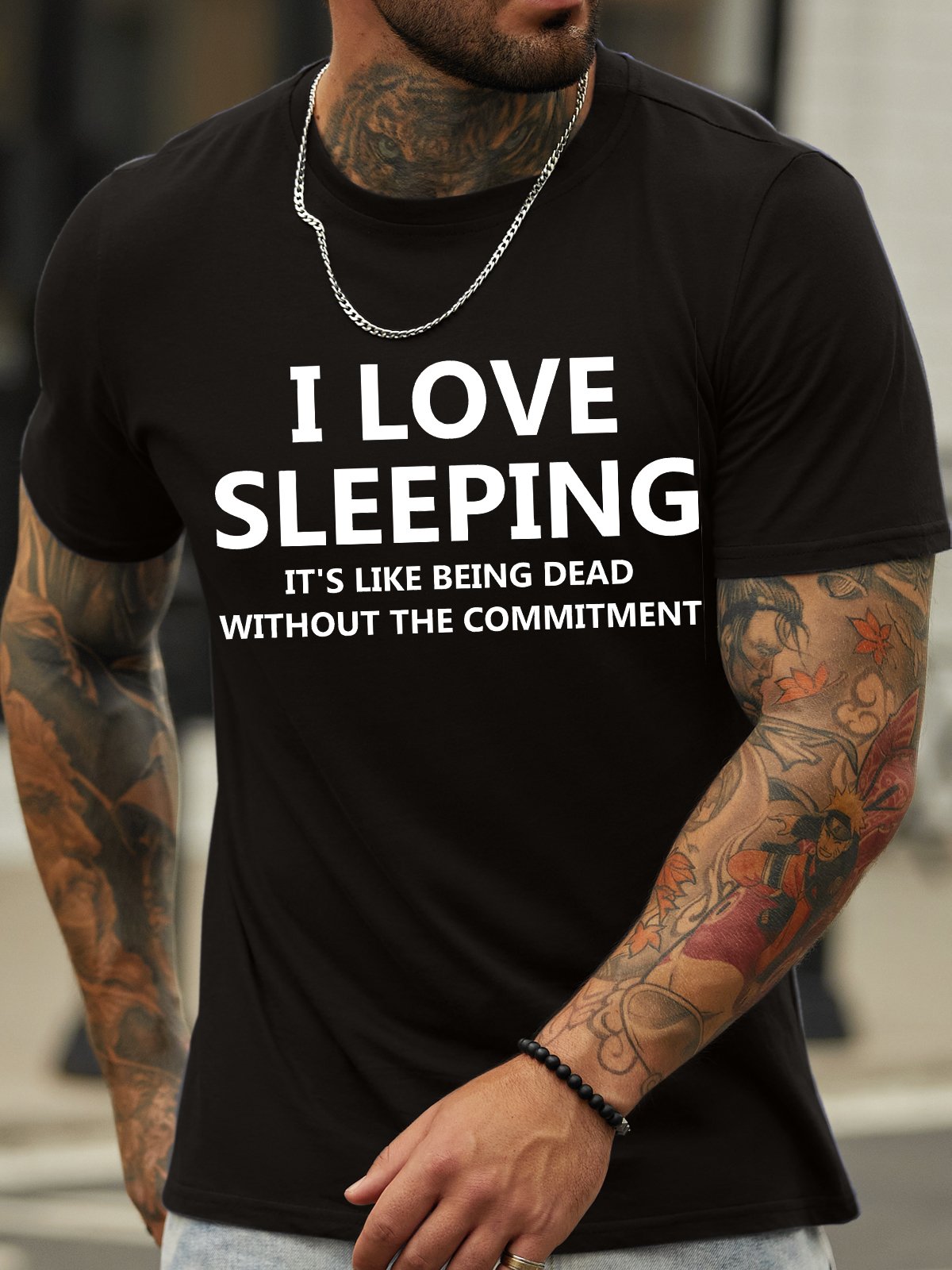 Men's I Love Sleeping It Is Like Being Dead Without The Commitment Funny Graphic Print Cotton Casual Text Letters T-Shirt