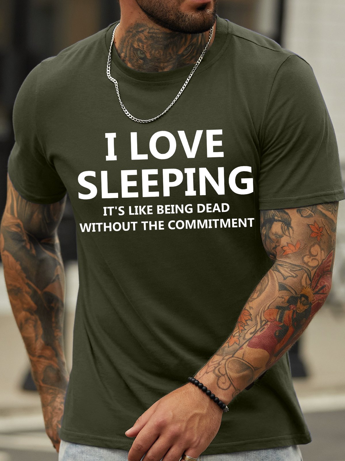 Men's I Love Sleeping It Is Like Being Dead Without The Commitment Funny Graphic Print Cotton Casual Text Letters T-Shirt