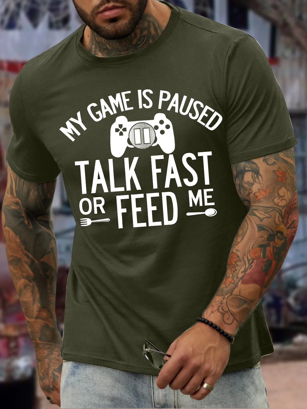 Men's My Game Is Paused Talk Fast Or Feed Me Funny Graphic Print Casual Text Letters Cotton T-Shirt