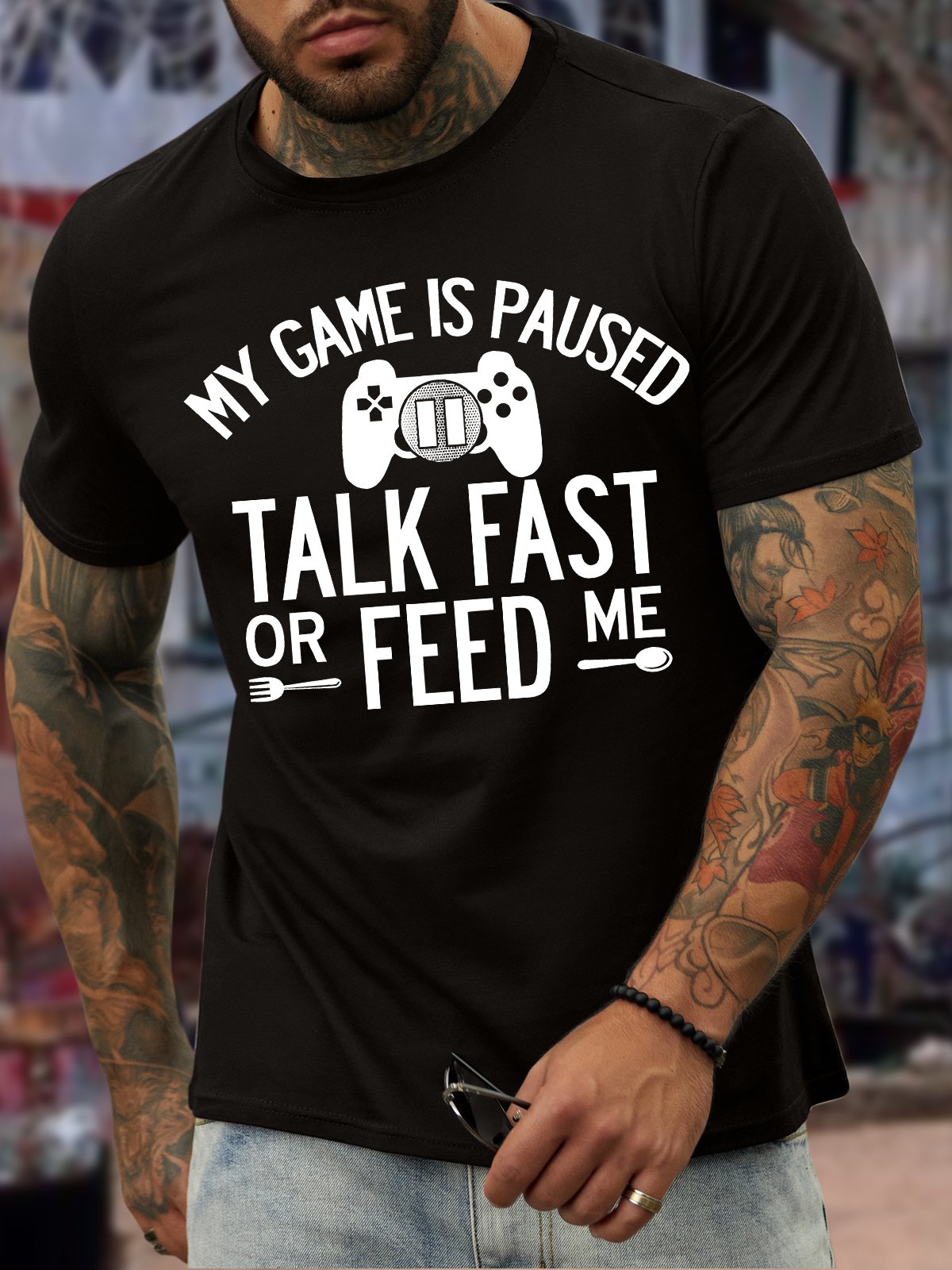 Men's My Game Is Paused Talk Fast Or Feed Me Funny Graphic Print Casual Text Letters Cotton T-Shirt