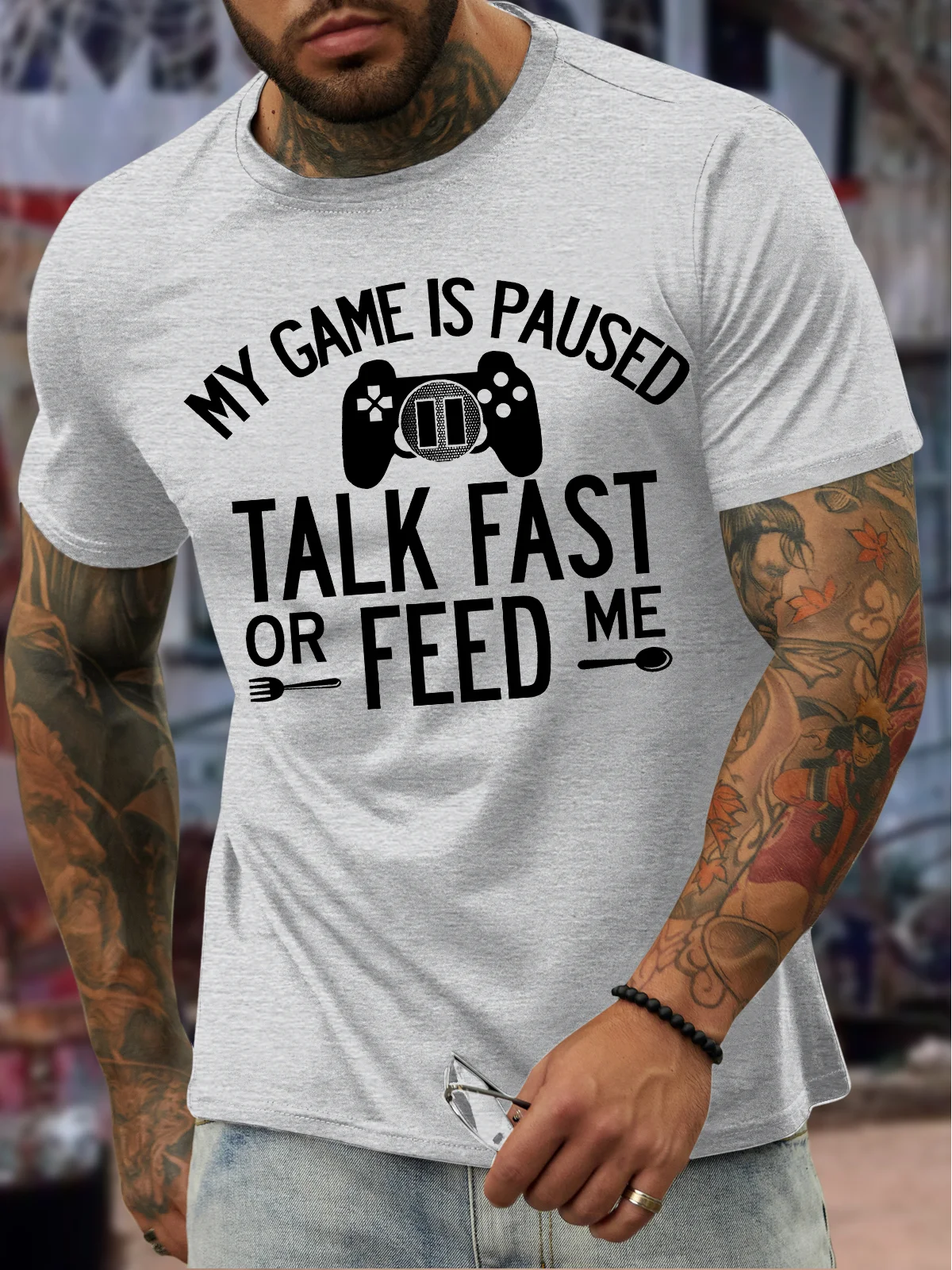 Men's My Game Is Paused Talk Fast Or Feed Me Funny Graphic Print Casual Text Letters Cotton T-Shirt