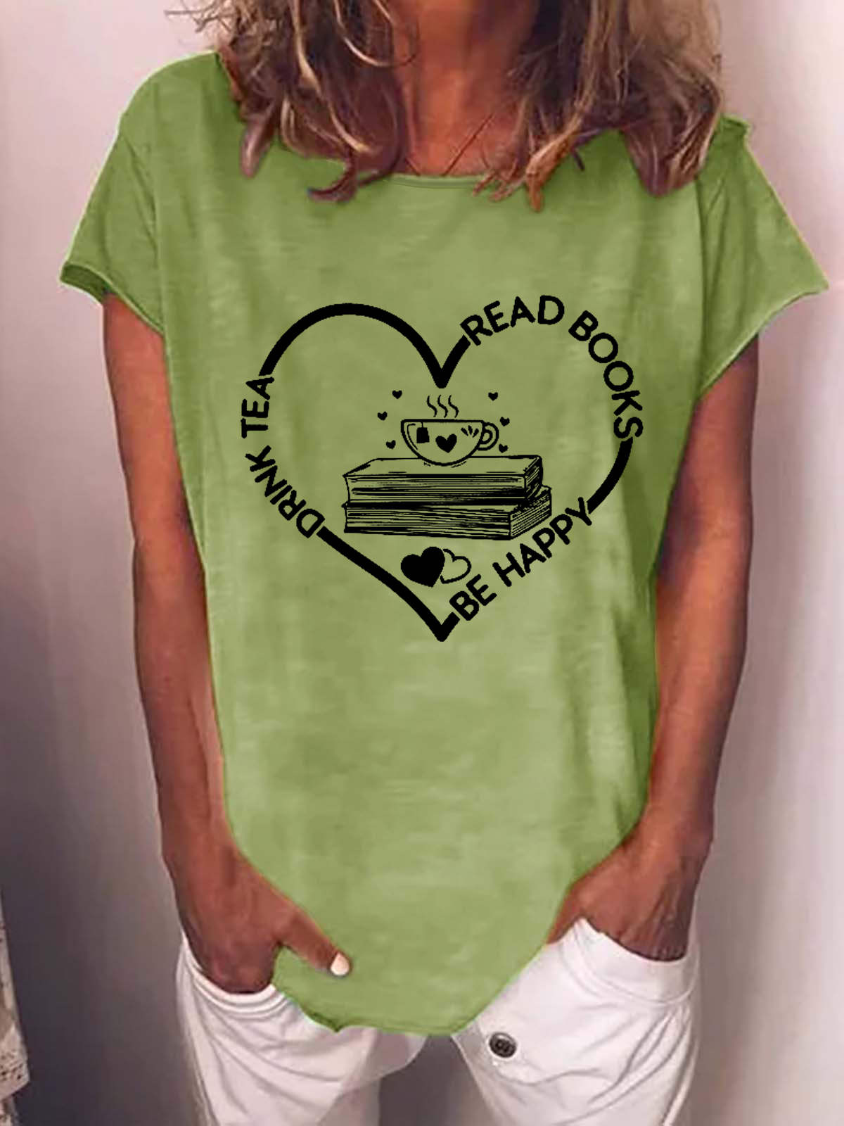 Women's Book Lover Drink Tea Read Books Be Happy Cotton-Blend Loose Casual T-Shirt