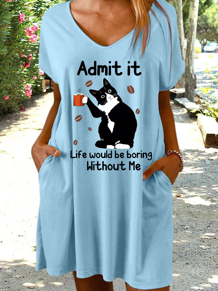 Women's Funny Word Cat Lover Loose Casual Animal Dress