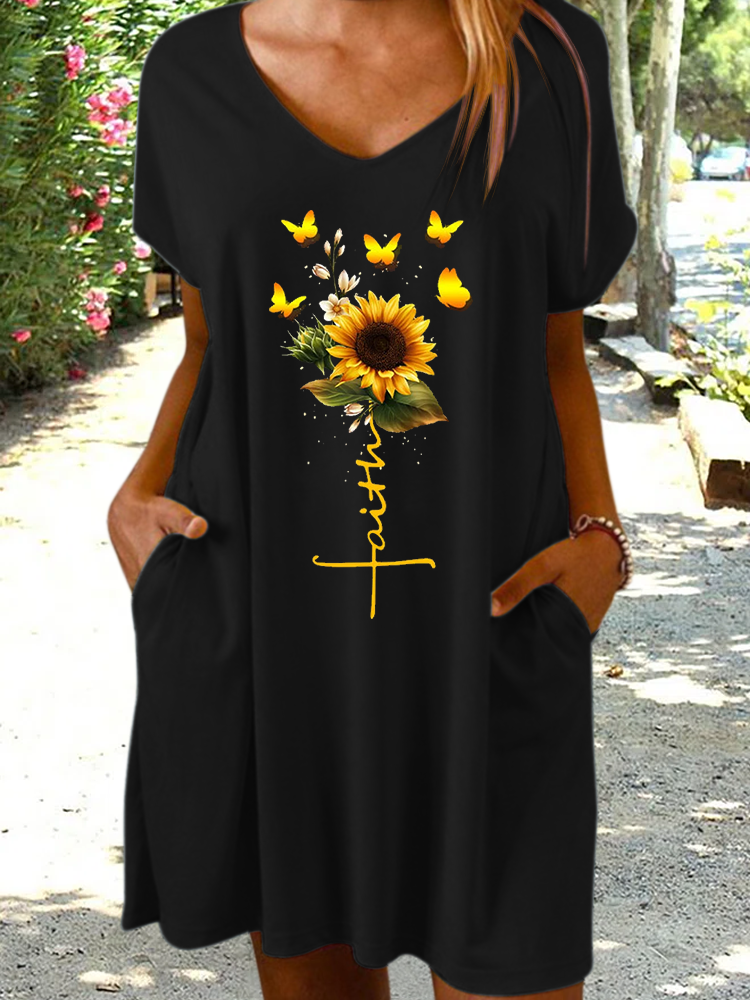 Women's Faith Butterfly Sunflower Loose Casual V Neck Dress