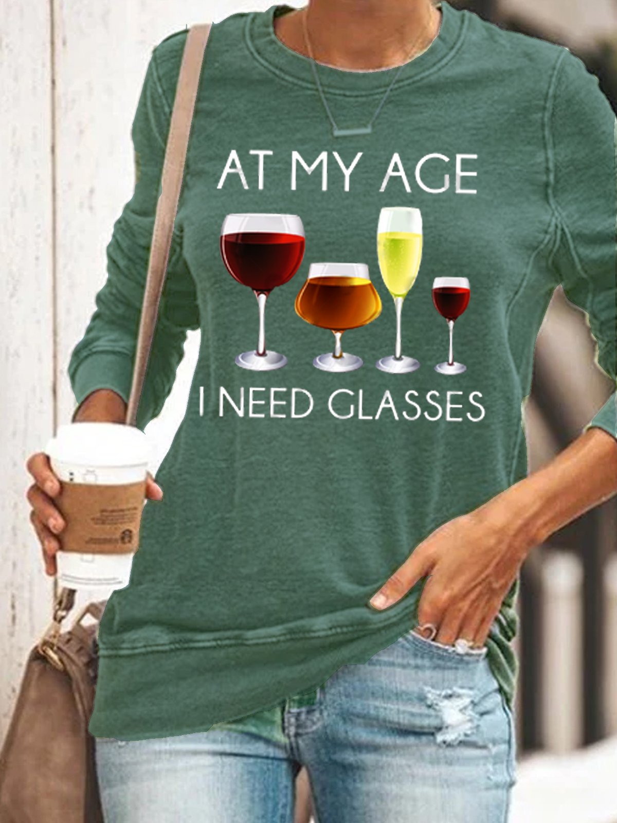 Womens Funny Alcohol At My Age I Need Glasses Casual Crew Neck Sweatshirt