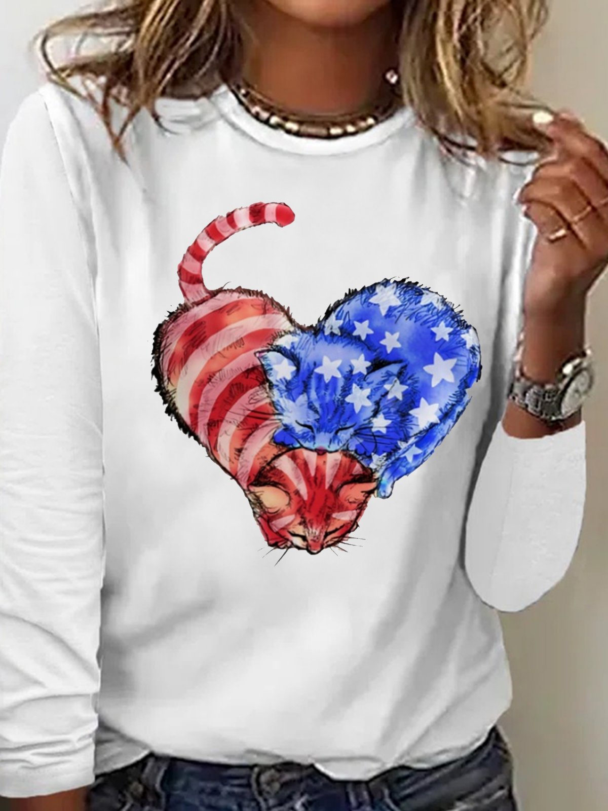 Women's Cat Flag Heart Print Casual  Letters Crew Neck Top