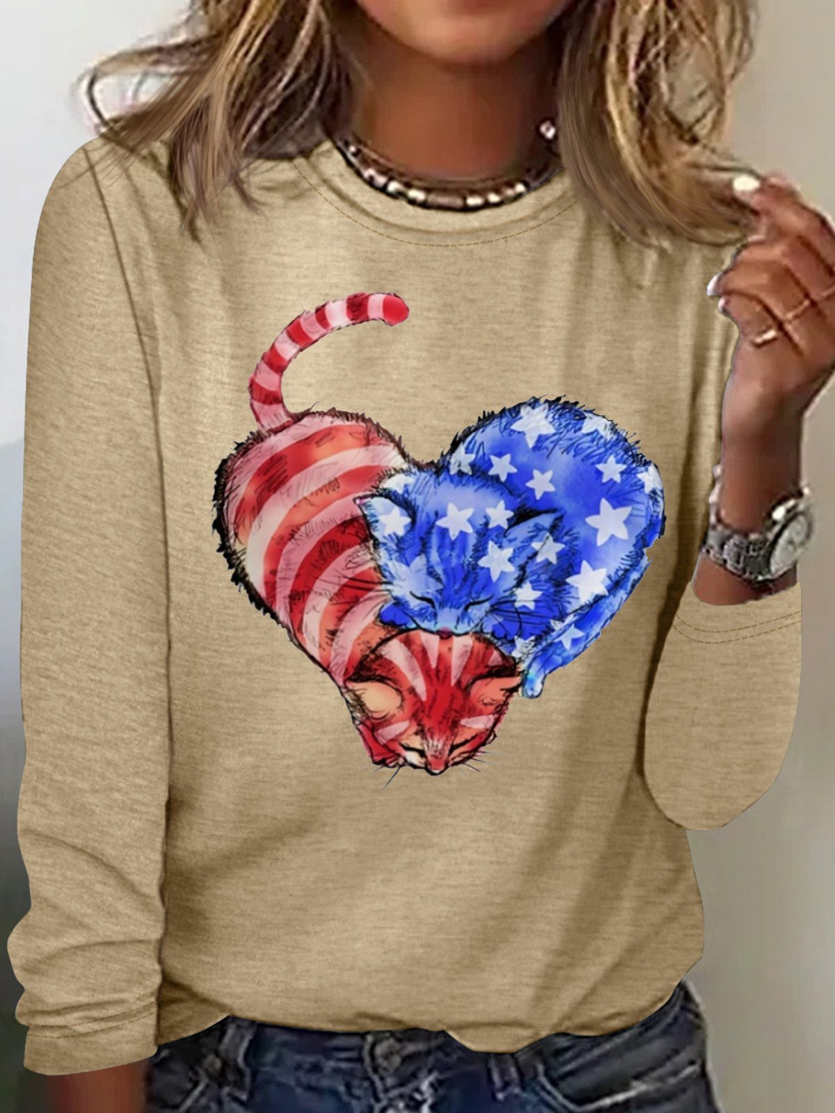 Women's Cat Flag Heart Print Casual  Letters Crew Neck Top