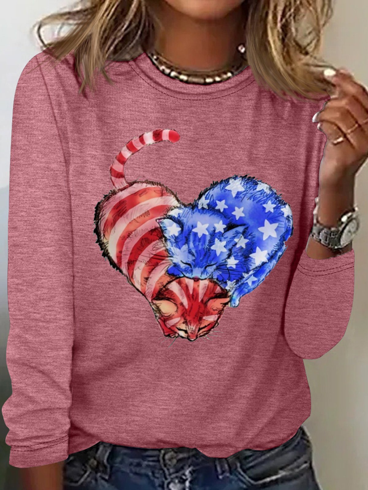 Women's Cat Flag Heart Print Casual  Letters Crew Neck Top