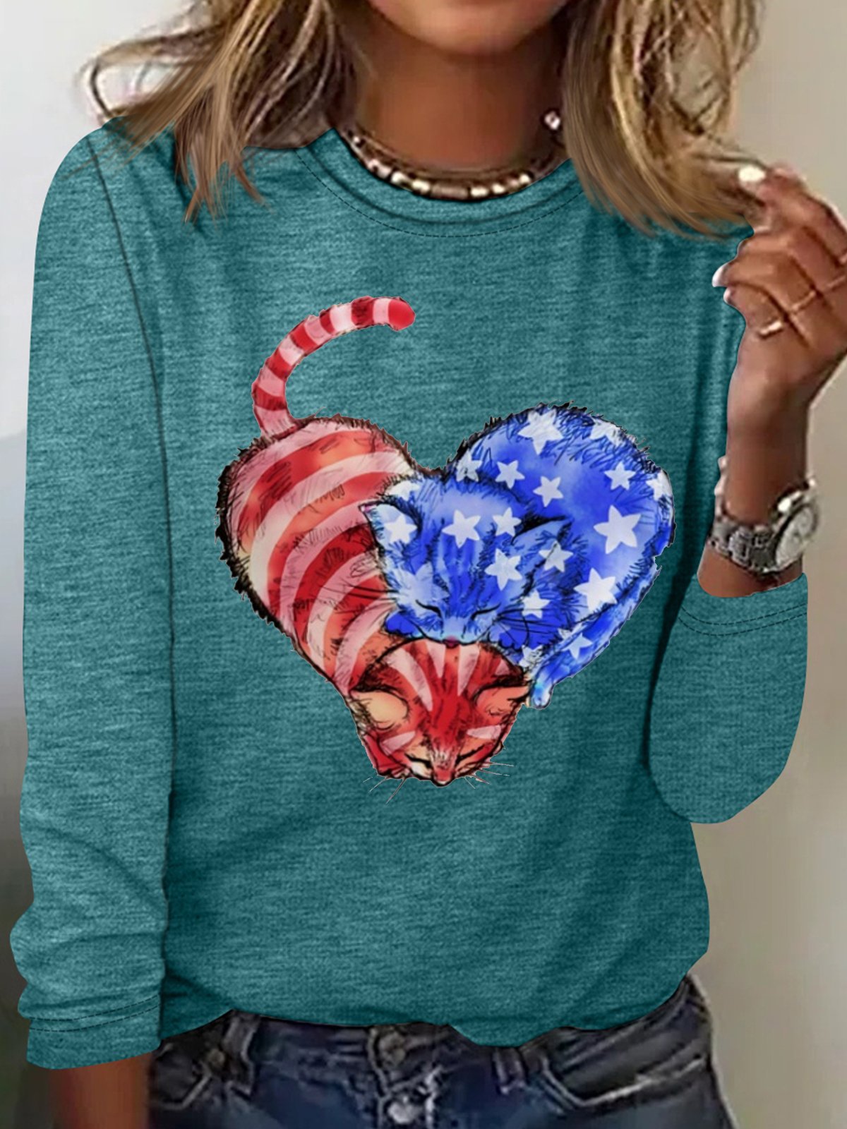 Women's Cat Flag Heart Print Casual  Letters Crew Neck Top