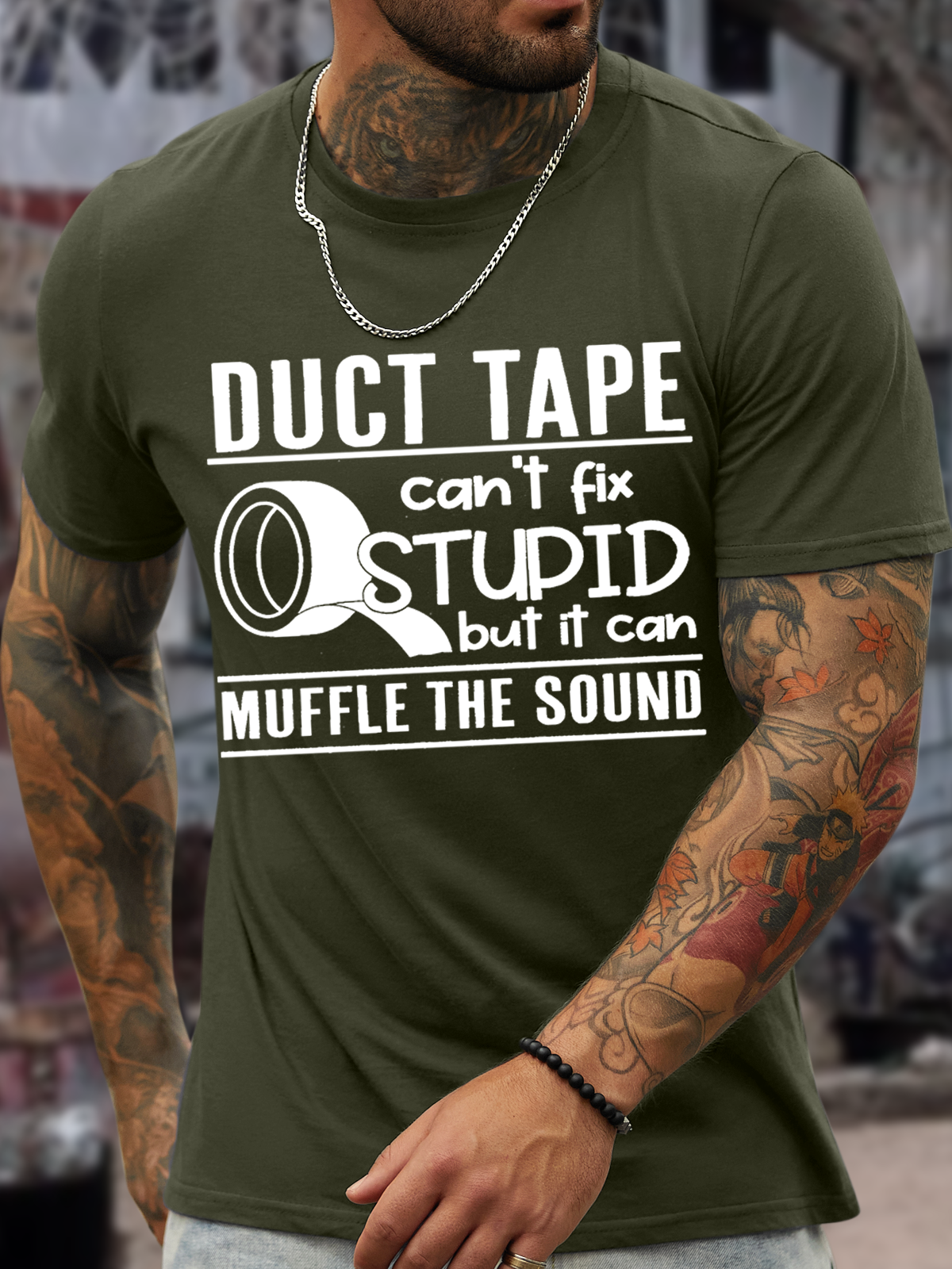 Men's Duct Tape Can't Fix Stupid But It Can Muffle The Sound Casual Crew Neck Regular Fit Text Letters T-Shirt