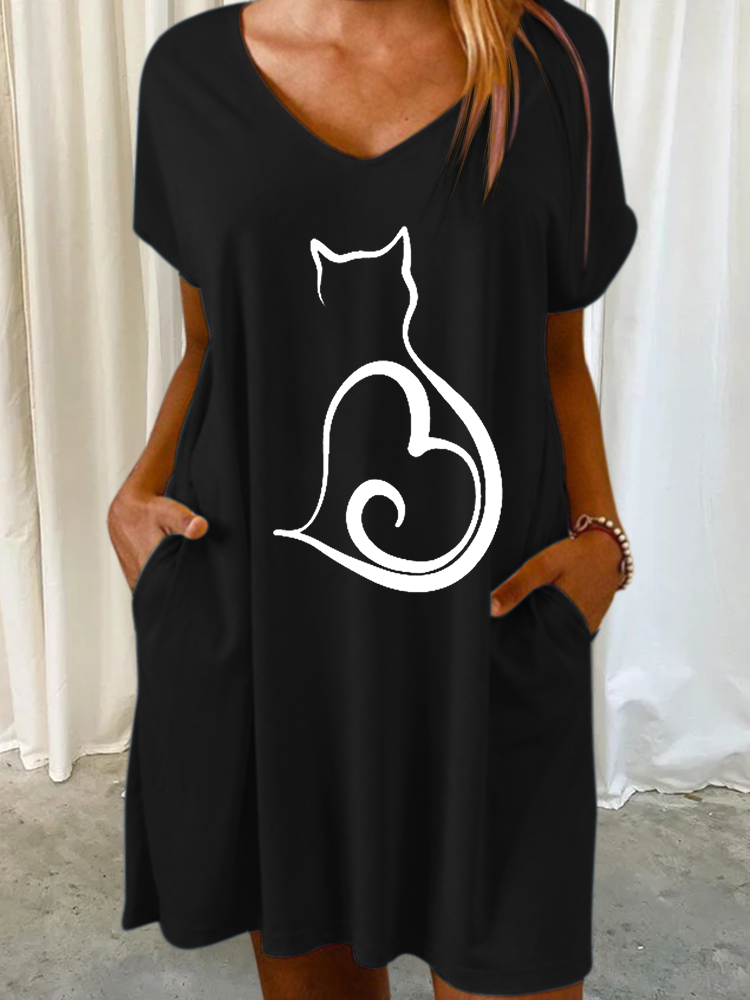 Women's Lover V Neck Casual Cat Dress