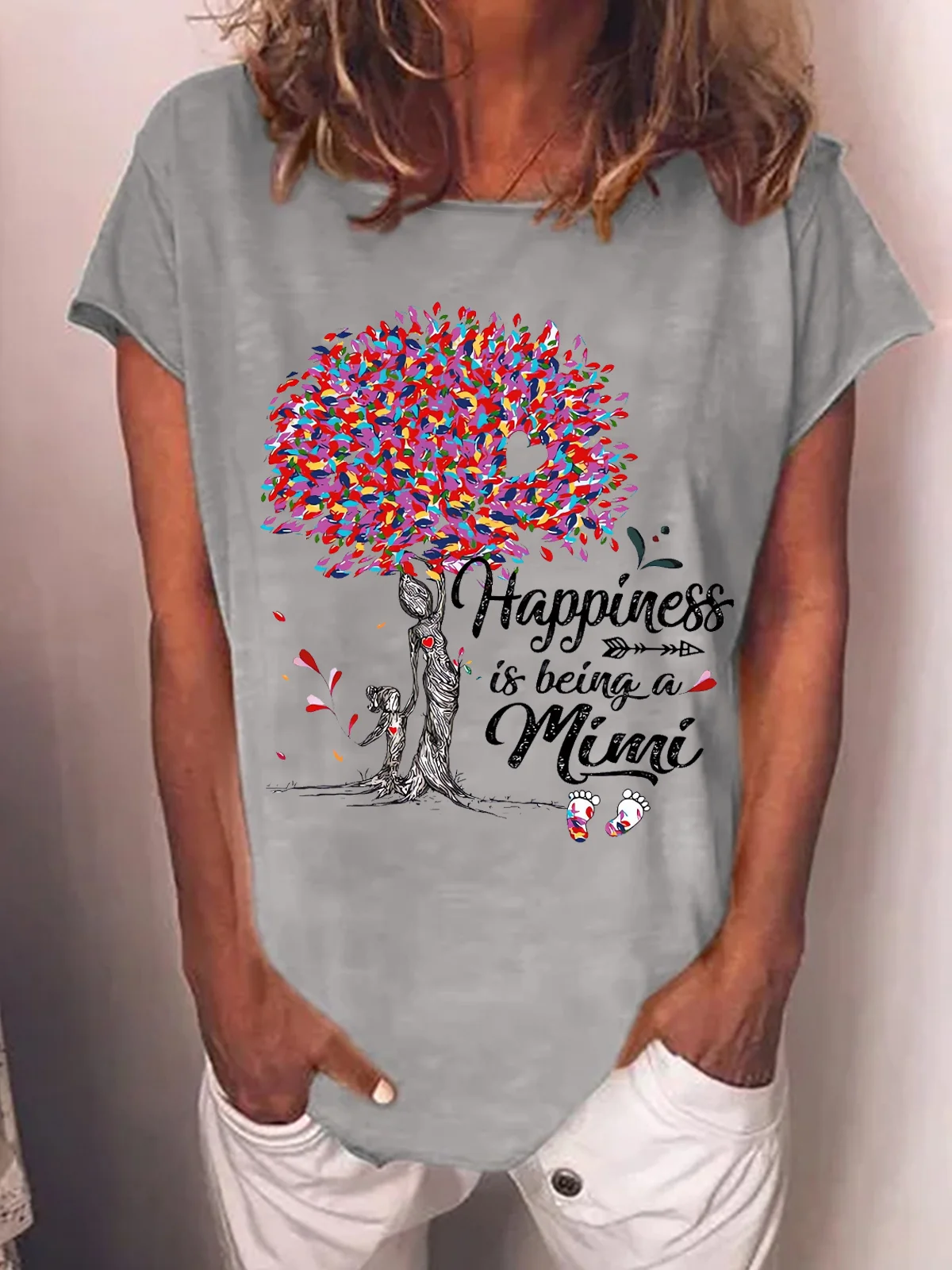 Women's Heart Grandma tree happiness is being a Mimi Crew Neck Casual Cotton-Blend T-Shirt