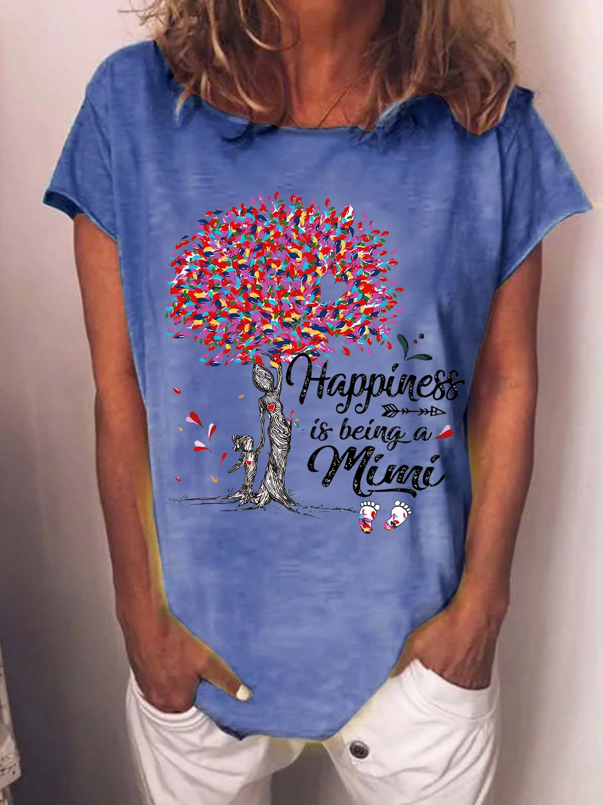 Women's Heart Grandma tree happiness is being a Mimi Crew Neck Casual Cotton-Blend T-Shirt