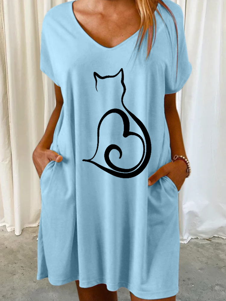 Women's Lover V Neck Casual Cat Dress