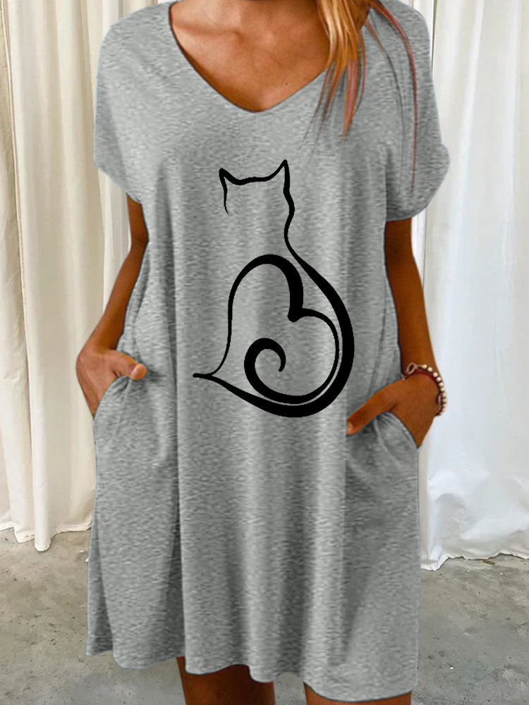 Women's Lover V Neck Casual Cat Dress