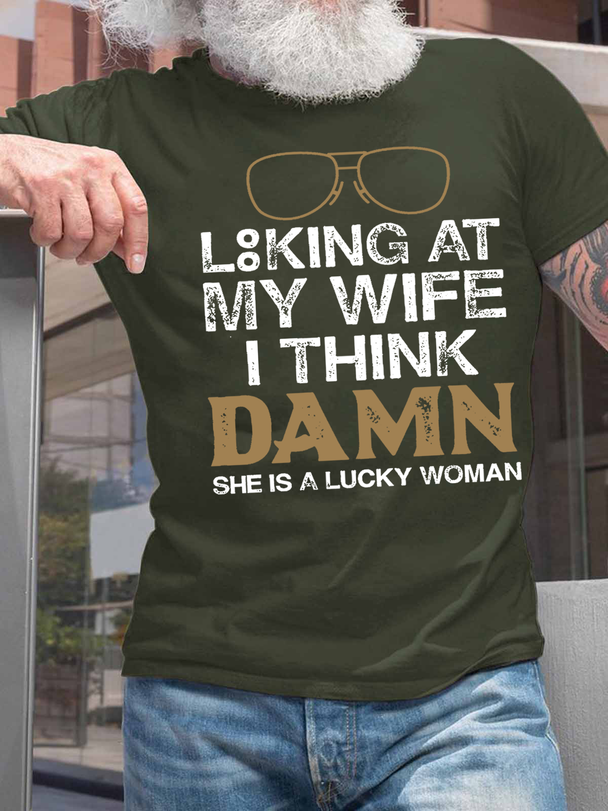 Men's Looking At My Wife I Think Damn She Is A Lucky Woman Casual Text Letters T-Shirt