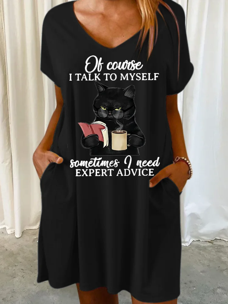 Women‘s Funny Black Cat Books Of Course I Talk To Myself Sometimes I Need Expert Advice Casual V Neck Dress