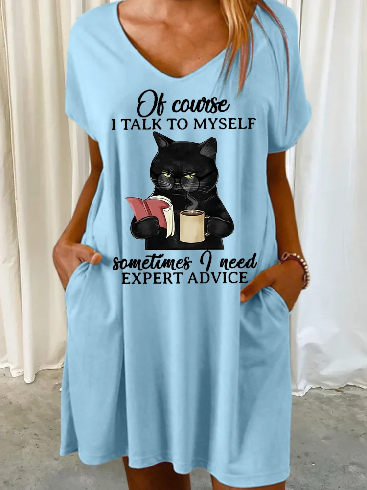 Women‘s Funny Black Cat Books Of Course I Talk To Myself Sometimes I Need Expert Advice Casual V Neck Dress