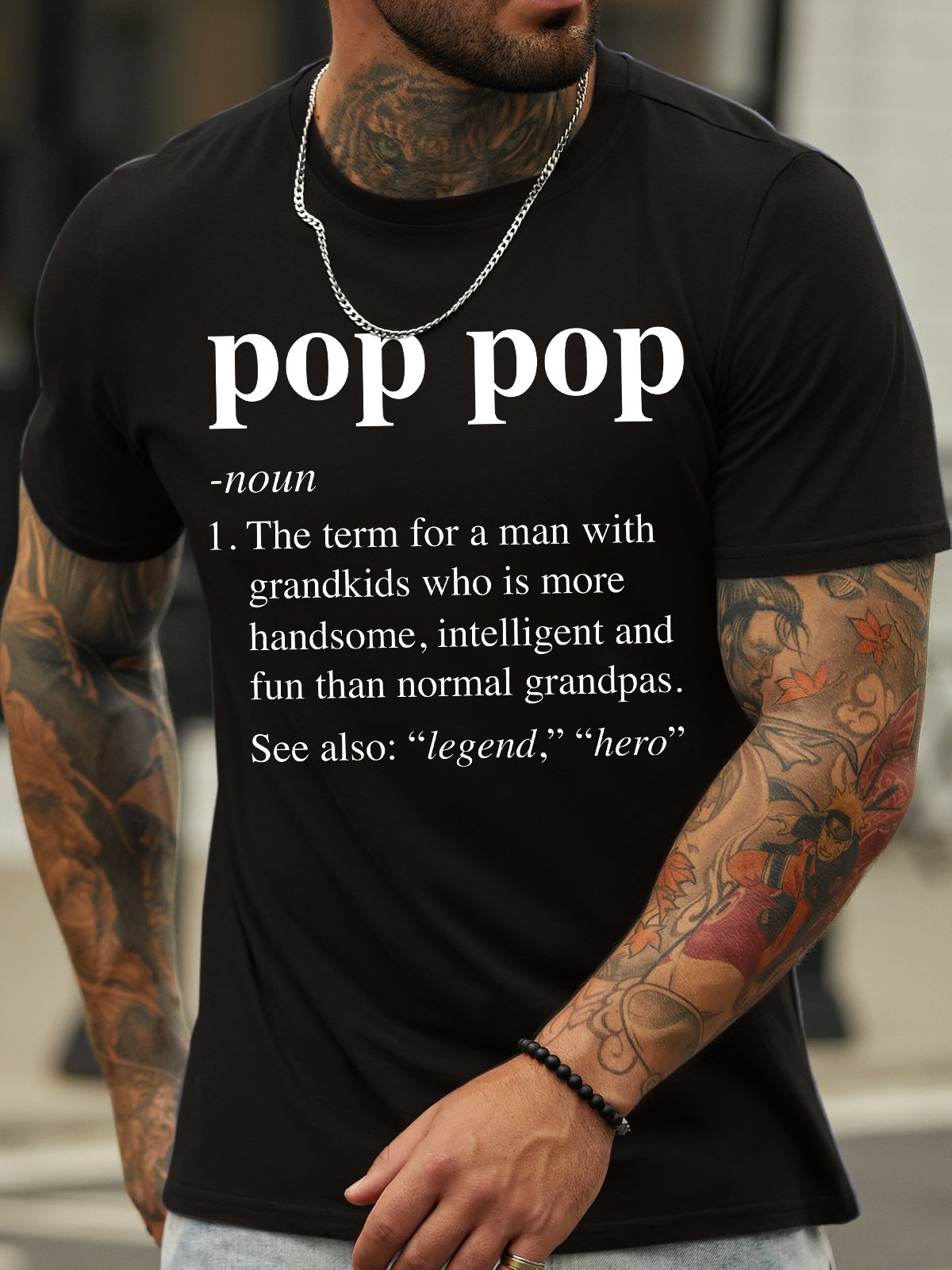 Men'S Pop Pop The Term For A Man With Grandkids Ho Is More Handsome Funny Graphic Print Crew Neck Casual Cotton Text Letters T-Shirt