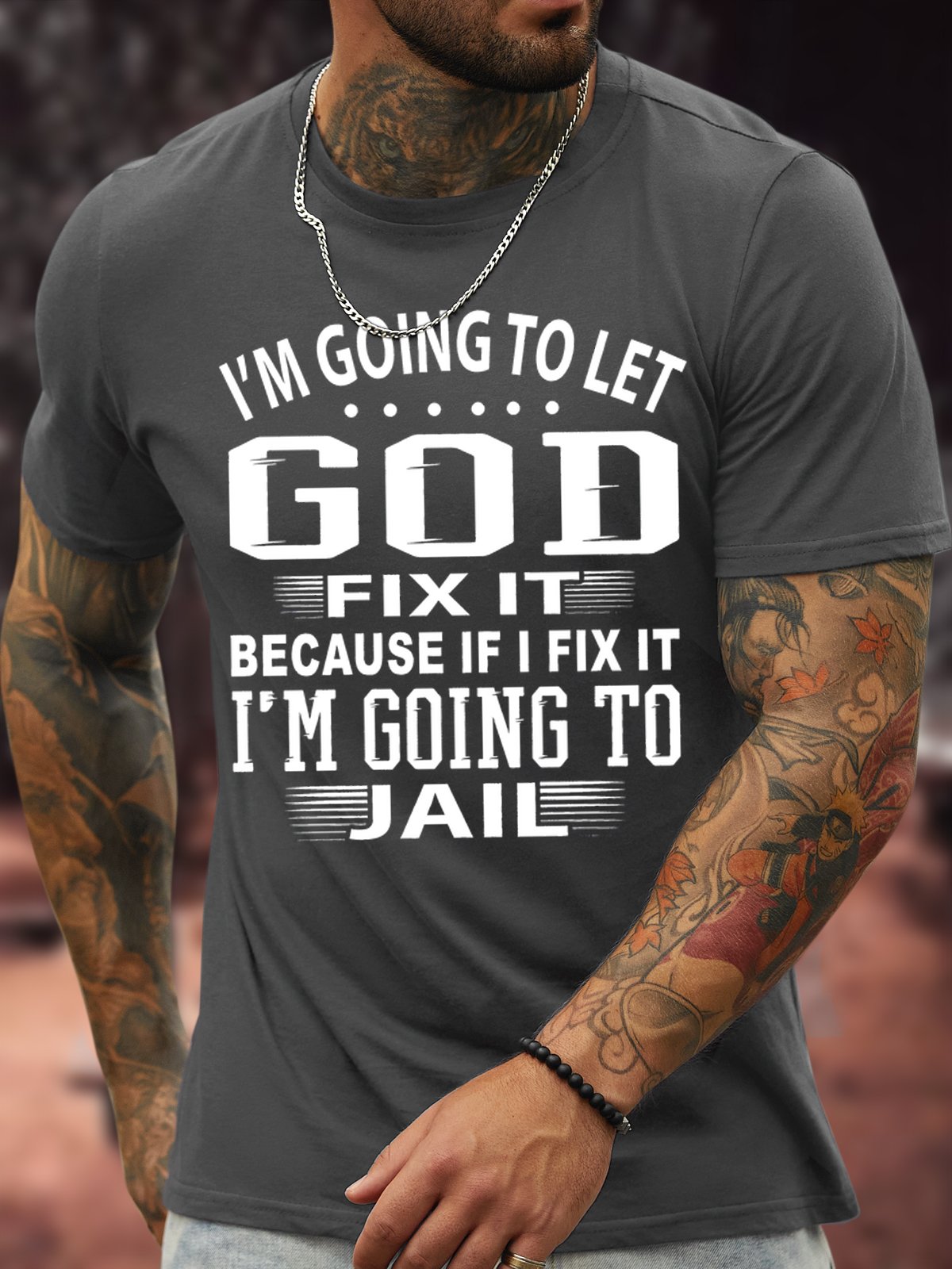 Men's I Am Going To Let God Fix It Because If I Fix It I Am Going To Jail Funny Graphic Print Text Letters Cotton Casual T-Shirt