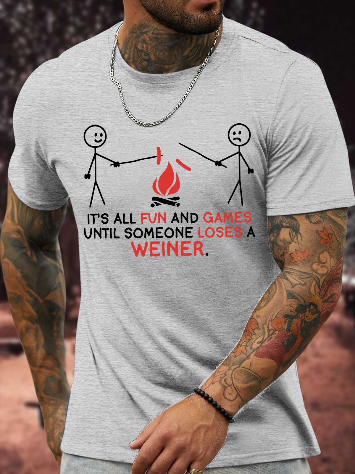 Men's It Is All Fun And Games Until Someone Loses A Weiner Funny Play Fire Graphic Print Loose Cotton Casual Text Letters T-Shirt